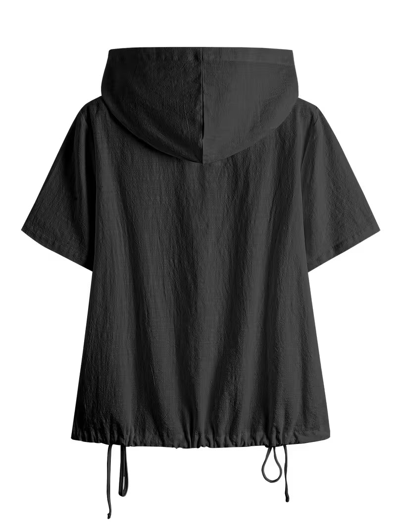 Bouchra - Camicia a Maniche Corte Con Cappuccio in Tinta Unita Dal Taglio Ampio Con Abbottonatura Frontale