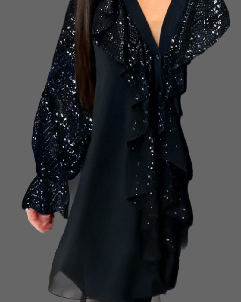 Moxie - Camicetta con Volant e Paillettes Scintillanti con Scollo a V