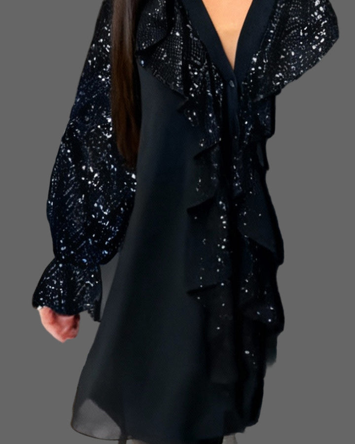 Moxie - Camicetta con Volant e Paillettes Scintillanti con Scollo a V