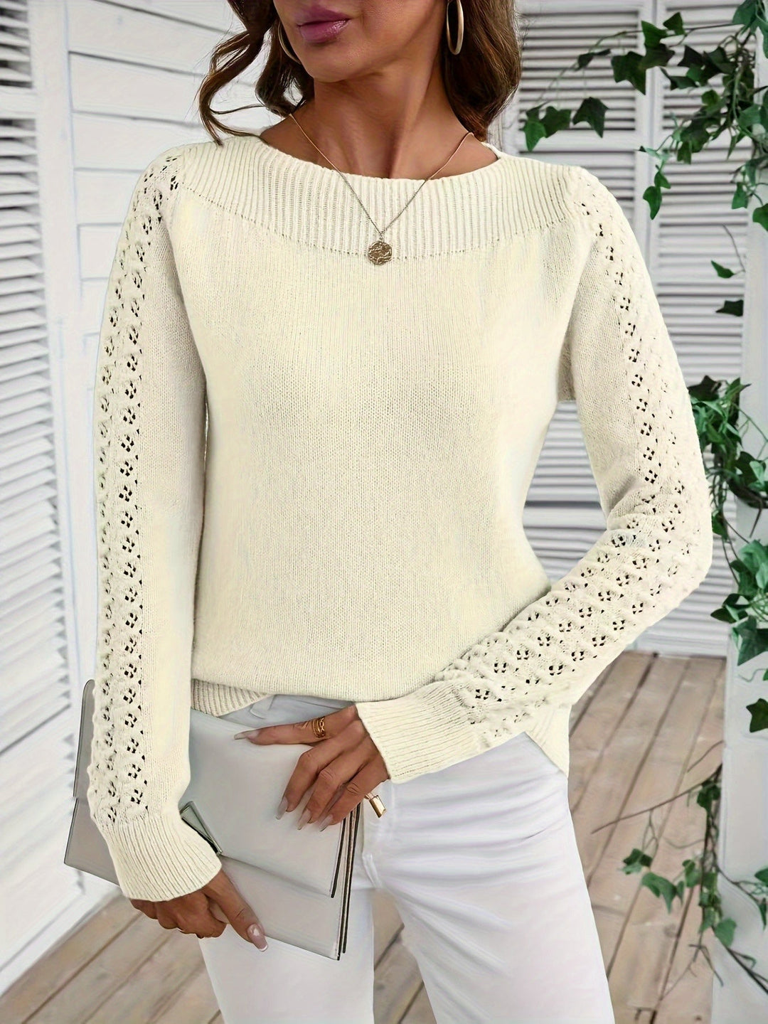 Pauliina - Maglione Casual a Maniche Lunghe Con Lavorazione a Maglia Traforata