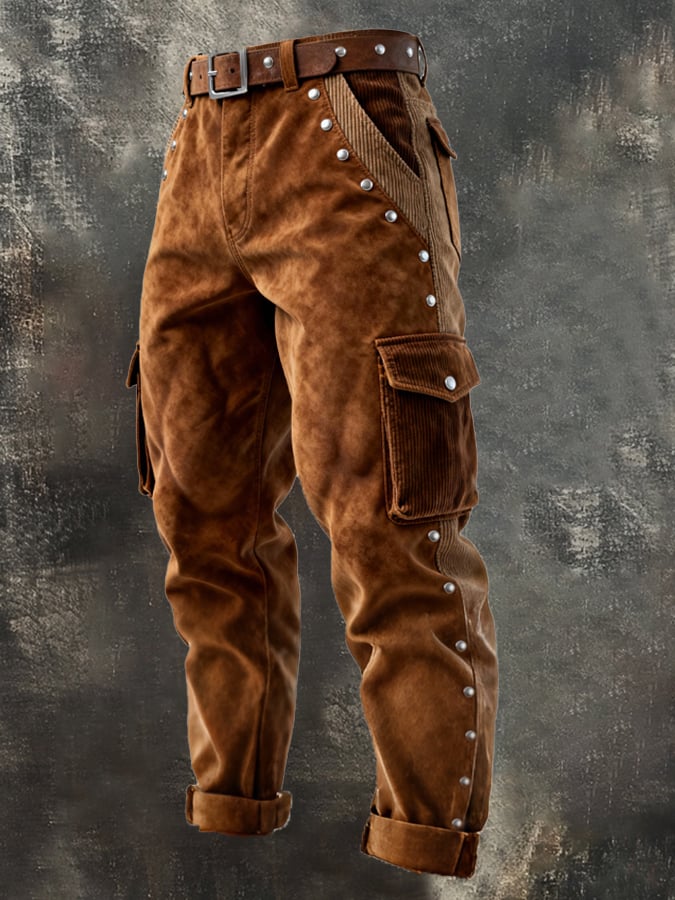 Curran - Pantaloni Vintage Da Avventura Outdoor in Velluto a Coste Con Cuciture e Nappine
