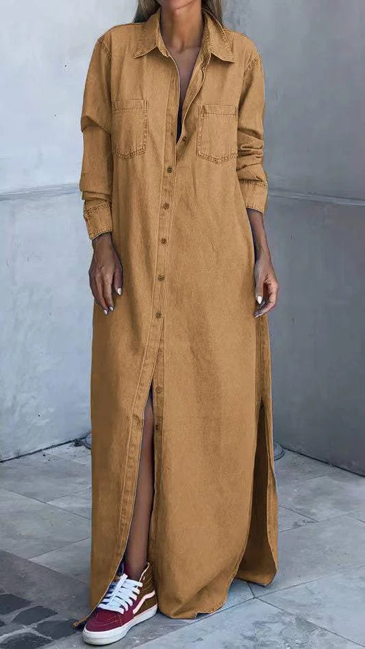 Vallina - Denim Manica Lunga Abito Con Risvolto