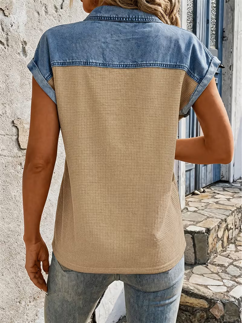 Haily - Top Casual in Denim Con Colletto Patchwork e Maniche Corte