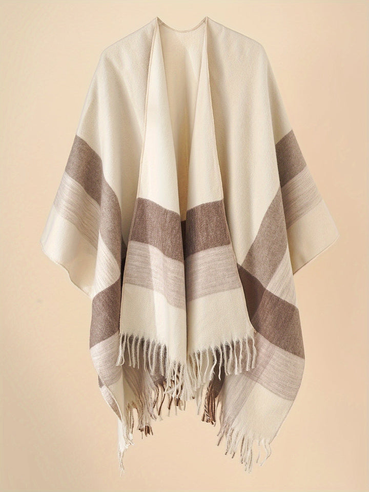 Kyrine - Geometric Pattern Fringed Poncho Shawl Wrap