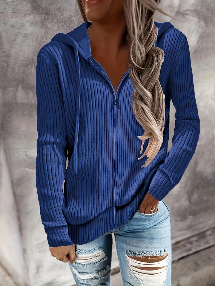 Bibigul - Loose Fit Long Sleeve Ribbed Hooded Cardigan