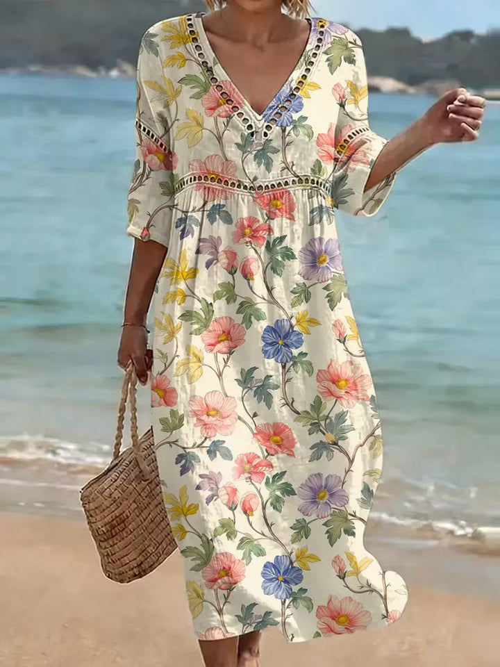 Nona - Abito in Cotone E Lino Con Stampa Floreale