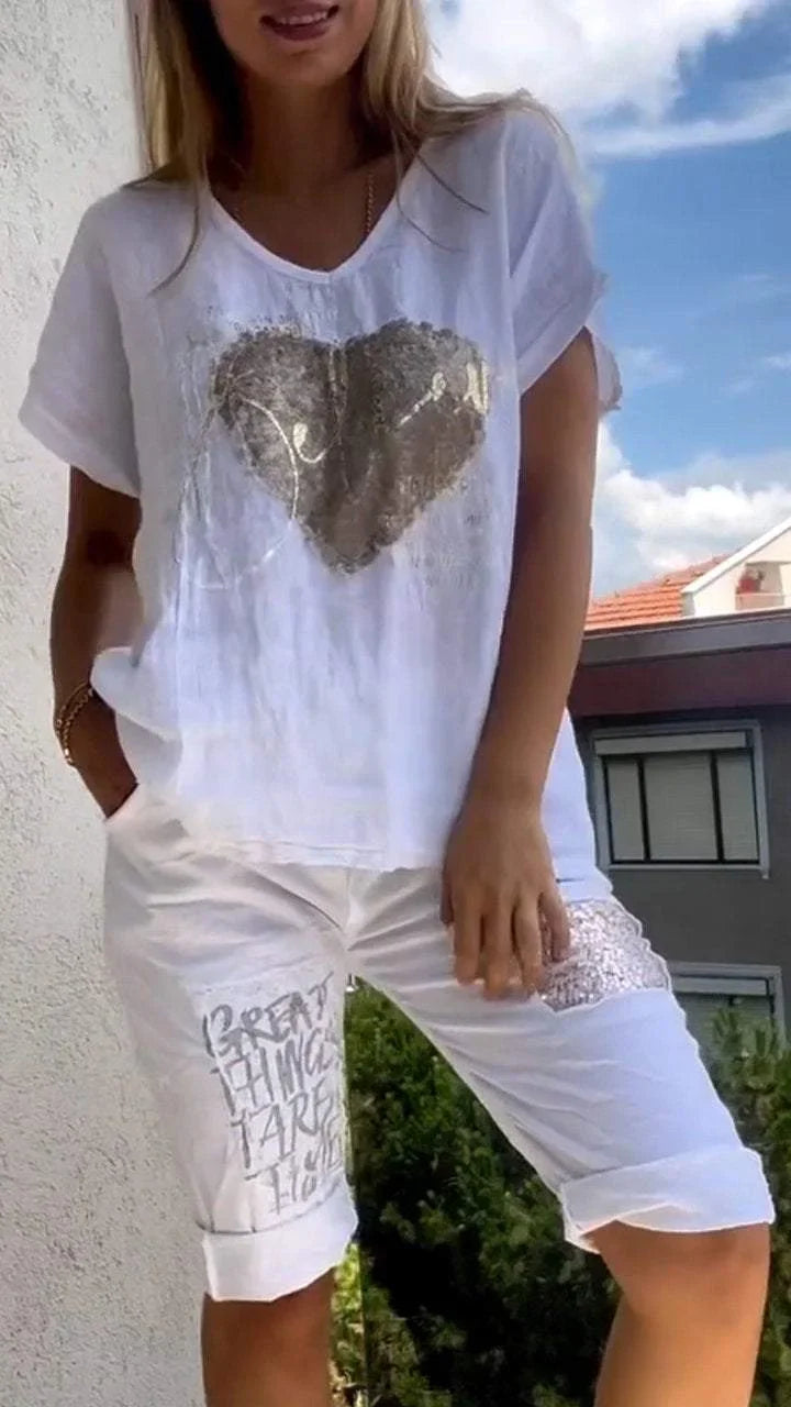 Varessa - Abito Casual a due Pezzi con Scollo a V e Goffratura Dorata