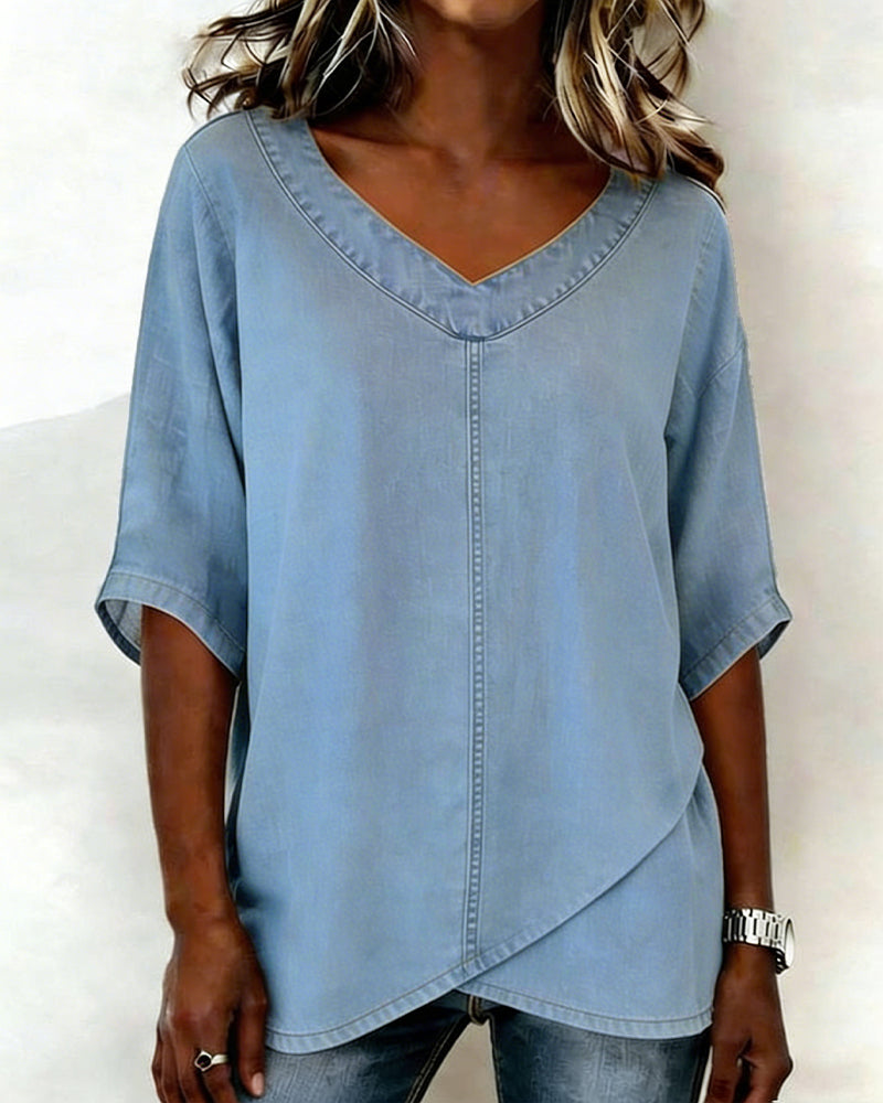Laritza - Top Casual in Denim Con Scollo a V