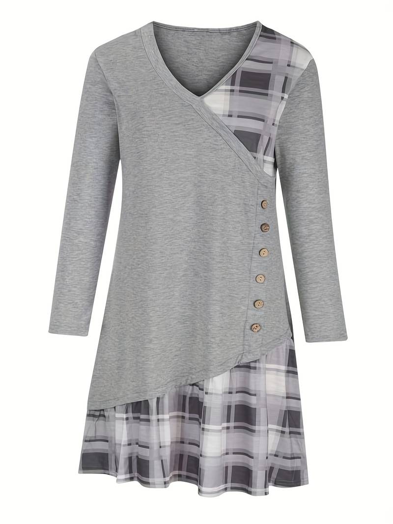 Alinor - Abito Casual a Maniche Lunghe Con Patchwork a Quadri