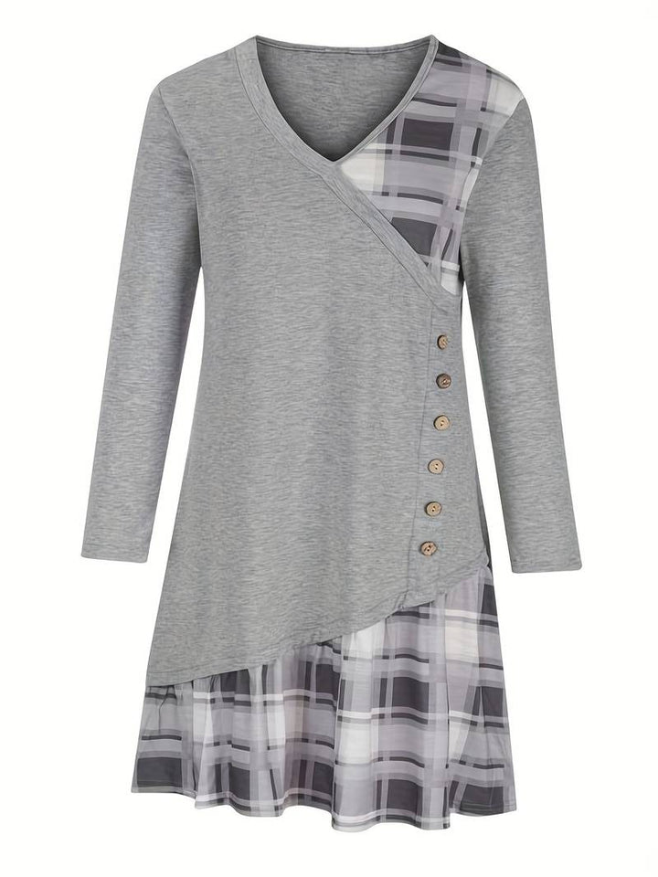 Alinor - Abito Casual a Maniche Lunghe Con Patchwork a Quadri