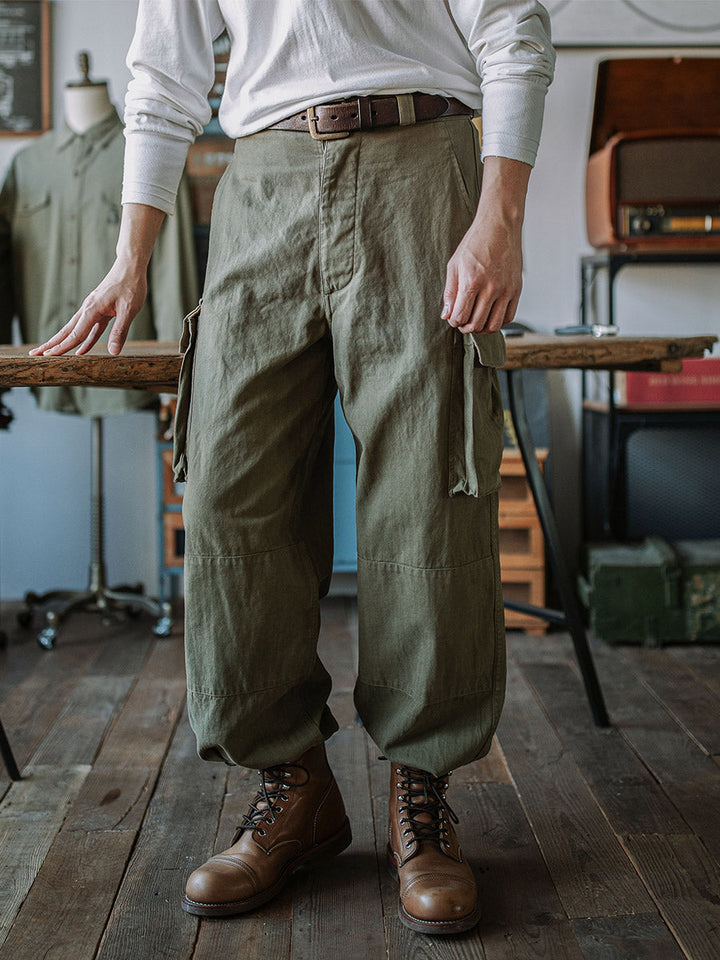 Ibrahim - Pantaloni Militari M-47 In Twill a Spina Di Pesce