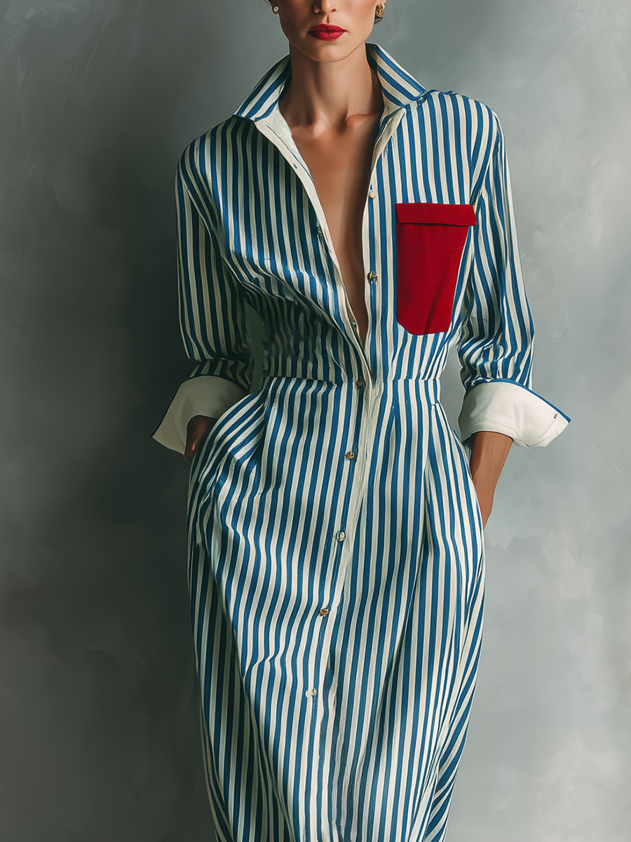 Makeda - Abito a Camicia a Righe Con Tasca Sul Petto