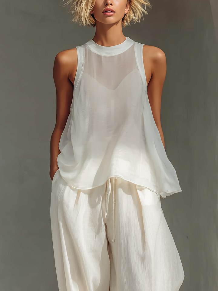 Olivian - Set Composto da top senza maniche in chiffon e pantaloni a gamba larga