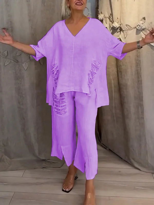 Himashi - Elegante Completo a Due Pezzi In Cotone e Lino Con Scollo a V