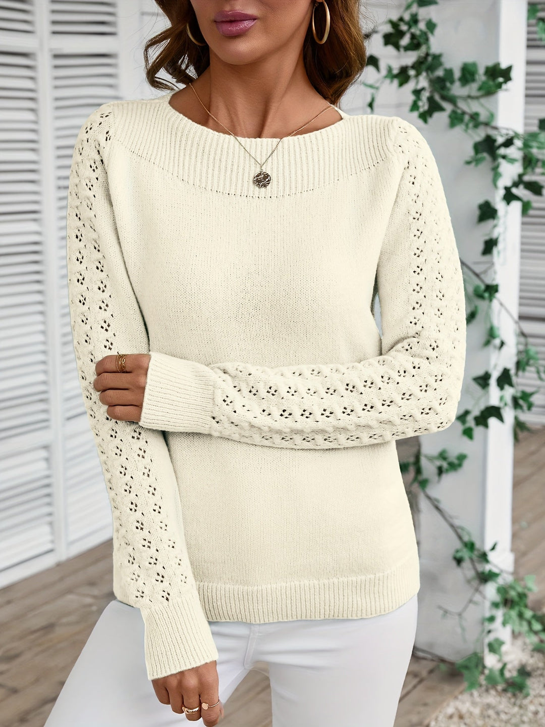 Pauliina - Maglione Casual a Maniche Lunghe Con Lavorazione a Maglia Traforata