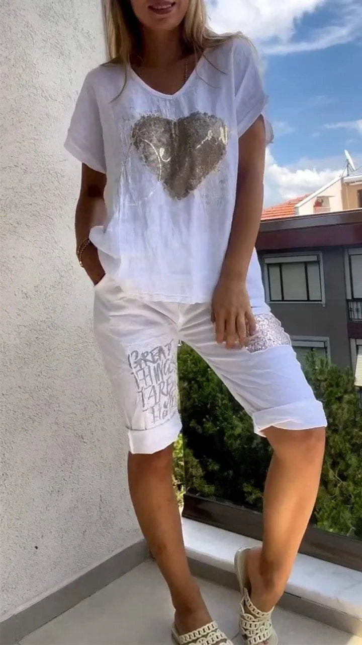 Varessa - Abito Casual a due Pezzi con Scollo a V e Goffratura Dorata