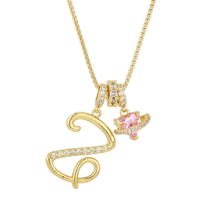 Nerute - Collana Con Iniziale e Ciondolo a Forma di Cuore Rosa