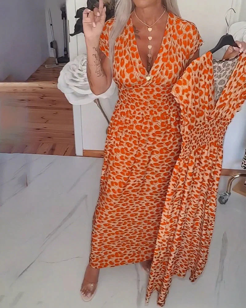 Erendira - Elegante Abito Con Scollo a V e Stampa Leopardata