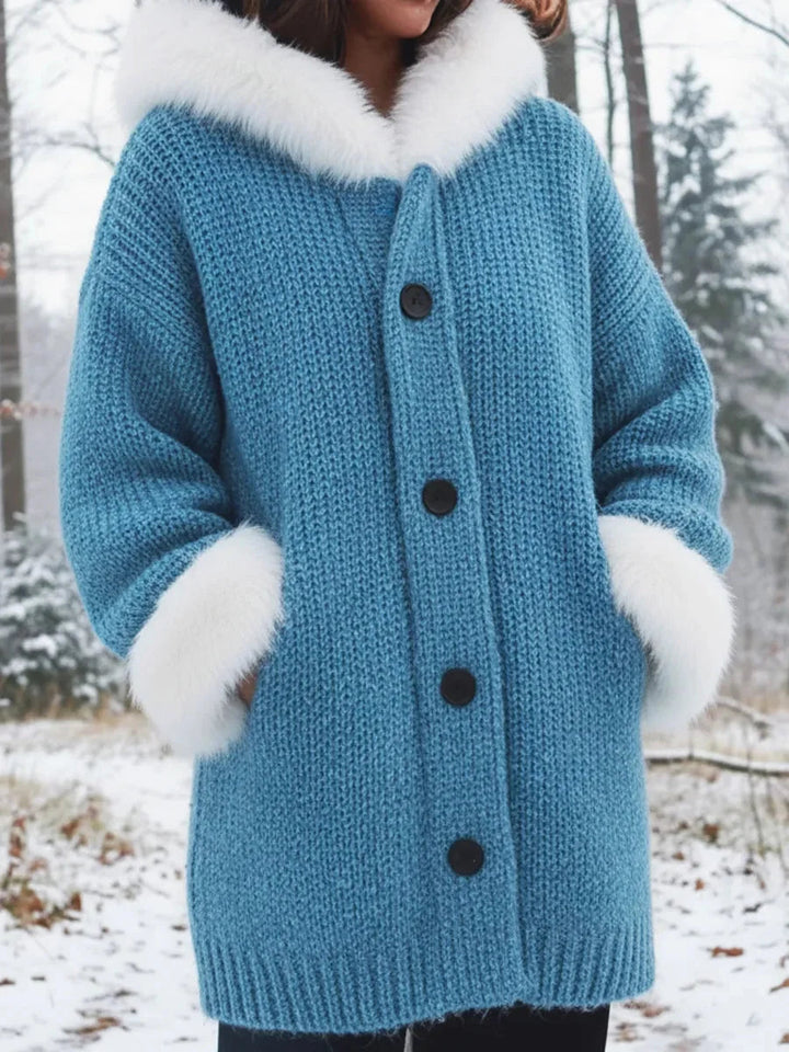 Nodia - Cappotto Con Cappuccio In Maglia Con Bordi In Pelliccia Sintetica