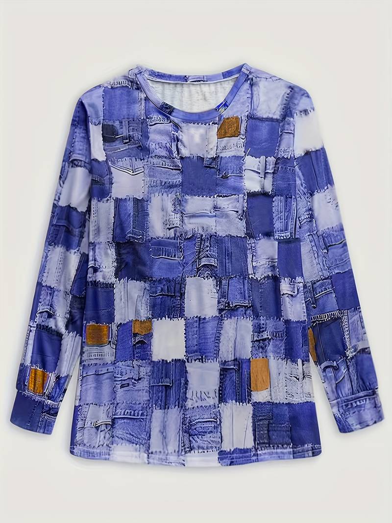 Talya - Top Casual a Maniche Lunghe Con Stampa a Quadri