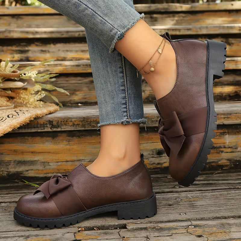 Nargiza - Elegant Bow Accent Round Toe Chunky Sole Loafers