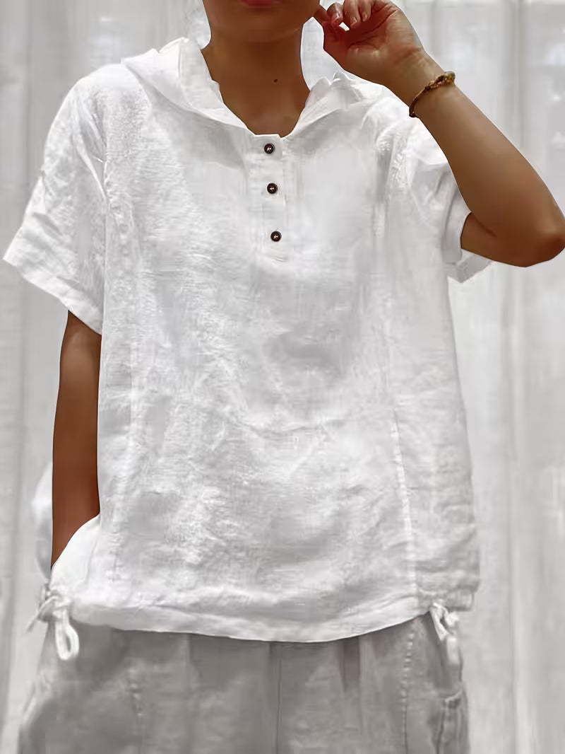 Bouchra - Camicia a Maniche Corte Con Cappuccio in Tinta Unita Dal Taglio Ampio Con Abbottonatura Frontale