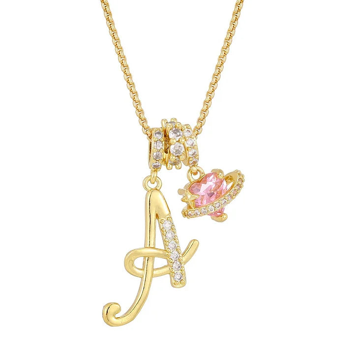 Nerute - Collana Con Iniziale e Ciondolo a Forma di Cuore Rosa