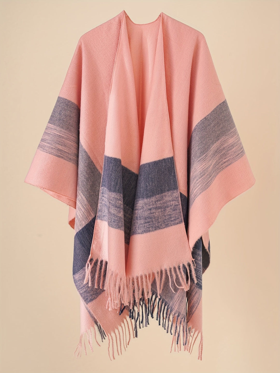 Kyrine - Geometric Pattern Fringed Poncho Shawl Wrap