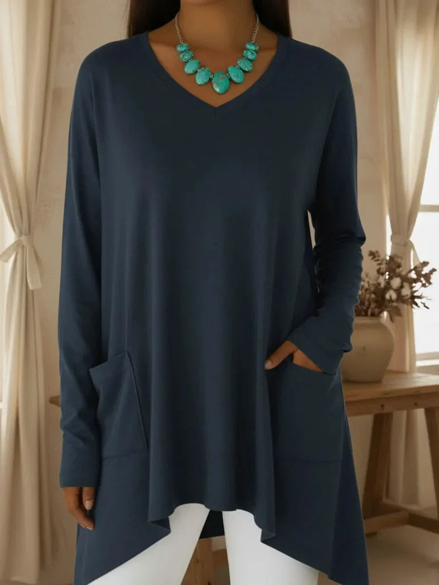 Boglarka - Maglione Ampio Con Scollo a V e Orlo Irregolare