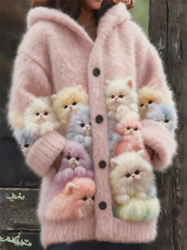 Kelsie - Cardigan Morbido con Cappuccio e Gatti