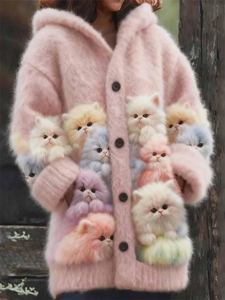 Kelsie - Cardigan Morbido con Cappuccio e Gatti