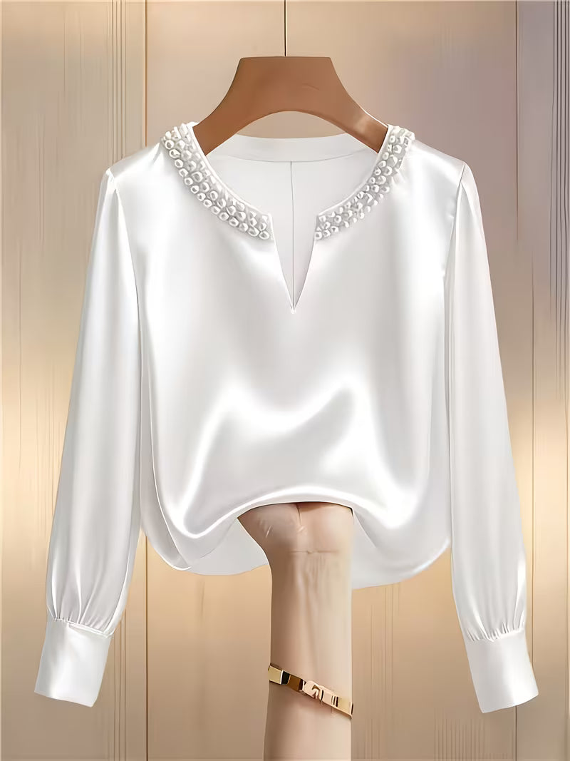 Avinaya - Elegante Camicia a Maniche Lunghe Con Collo Rotondo e Perle