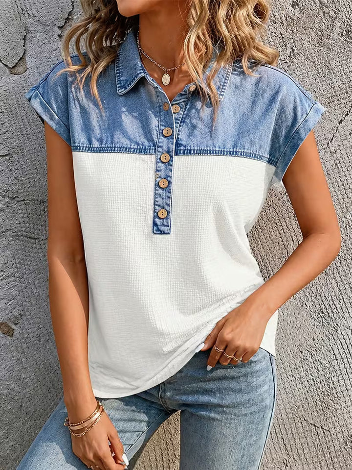 Haily - Top Casual in Denim Con Colletto Patchwork e Maniche Corte