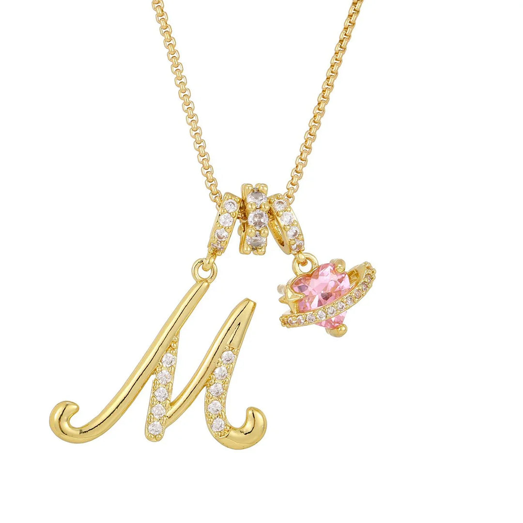Nerute - Collana Con Iniziale e Ciondolo a Forma di Cuore Rosa