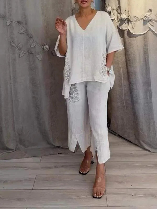 Himashi - Elegante Completo a Due Pezzi In Cotone e Lino Con Scollo a V
