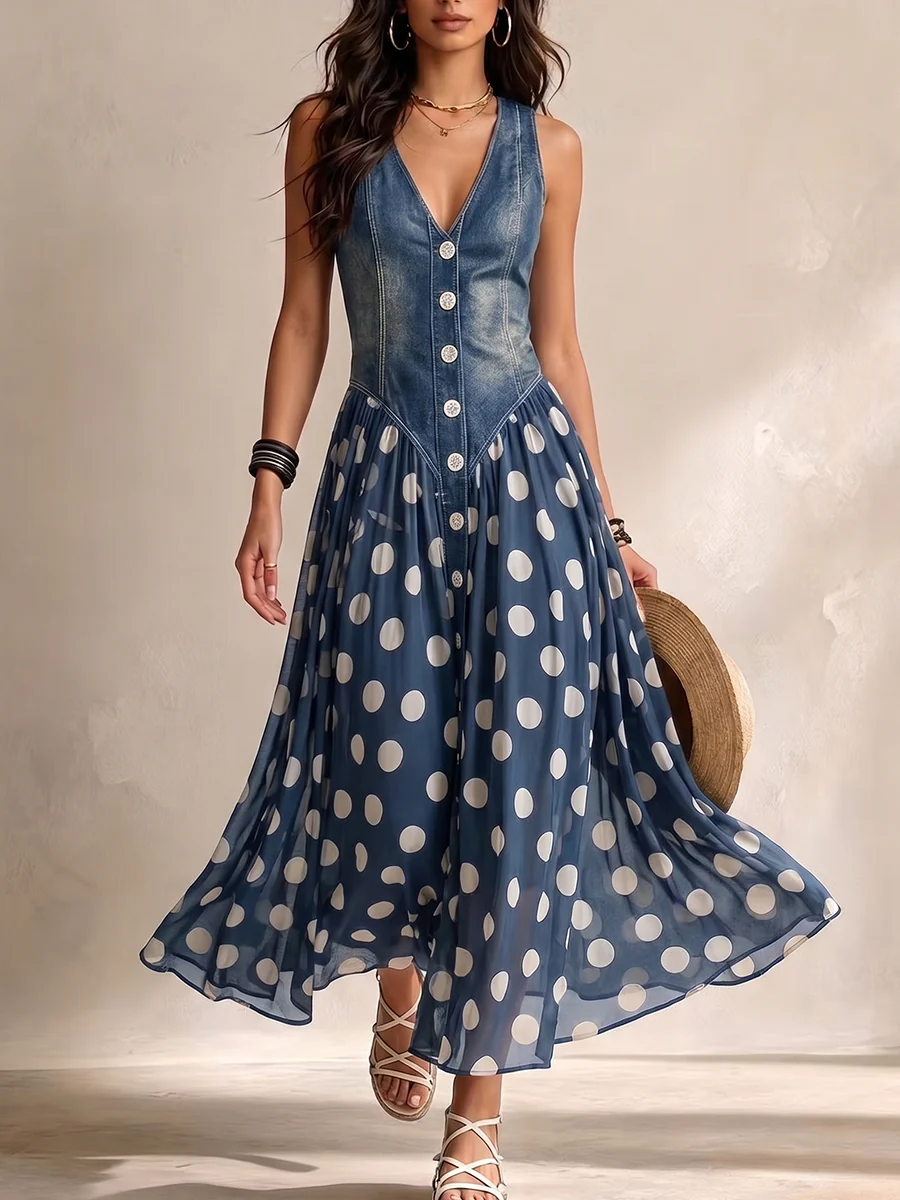 Vylina - Abitoin Denim Con Gonna In Chiffon a Pois