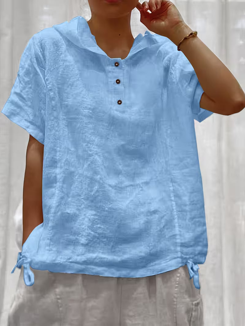 Bouchra - Camicia a Maniche Corte Con Cappuccio in Tinta Unita Dal Taglio Ampio Con Abbottonatura Frontale