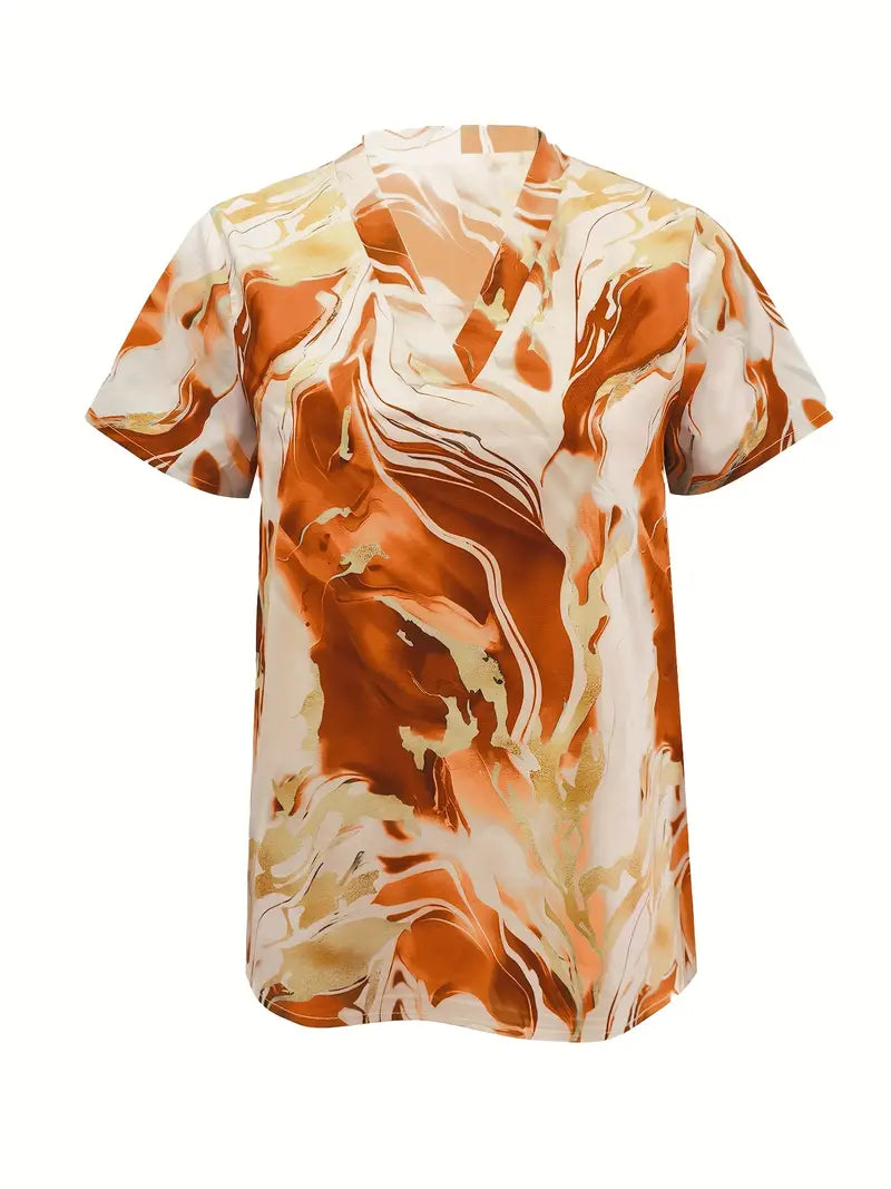 Maroula - Elegante Camicia A Maniche Corte Con Stampa Marmo