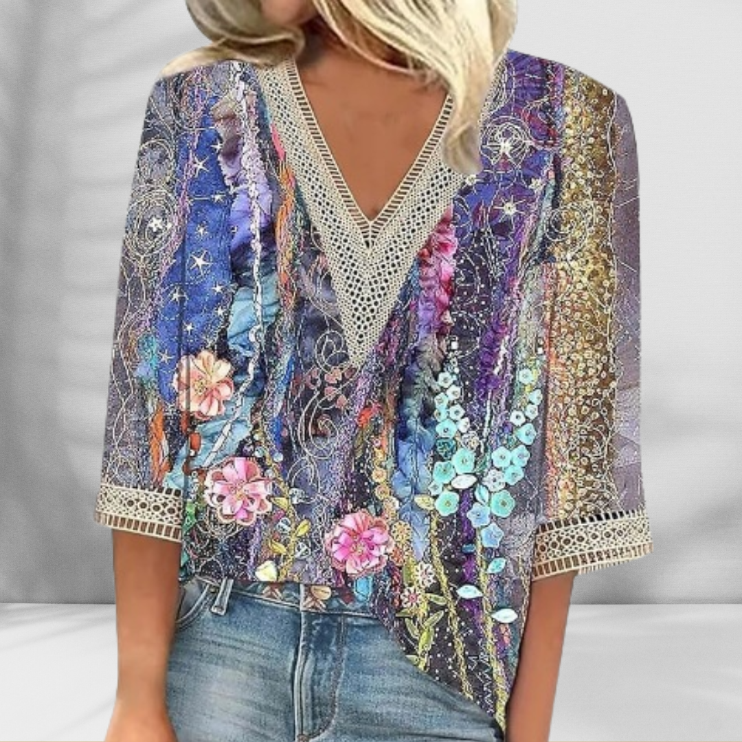 Maricela - Camicetta Boho Con Motivi Floreali E Maniche Lunghe