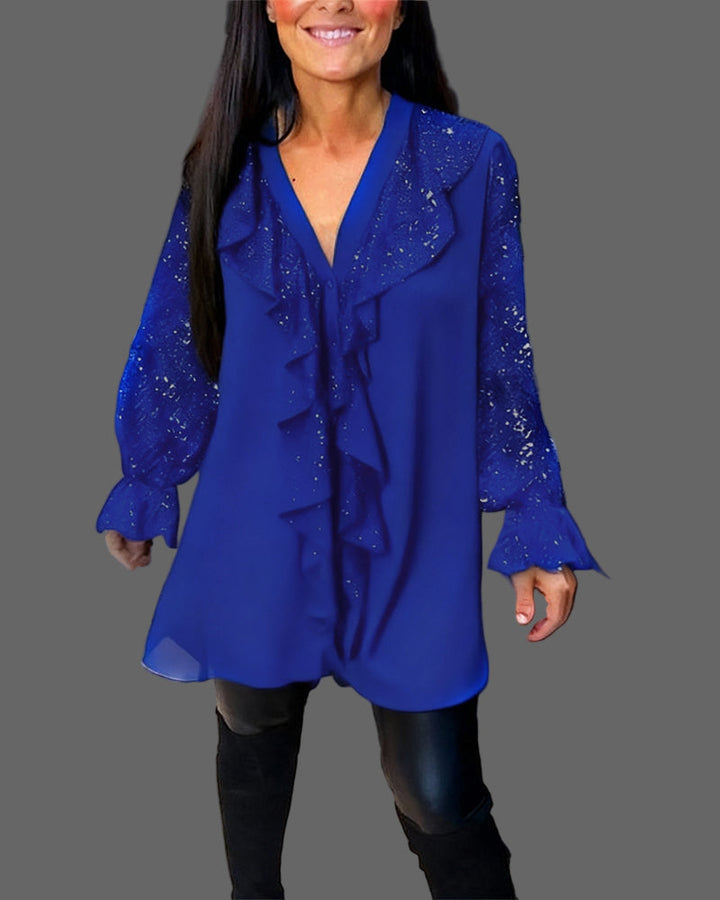 Moxie - Camicetta con Volant e Paillettes Scintillanti con Scollo a V