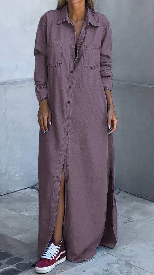 Vallina - Denim Manica Lunga Abito Con Risvolto