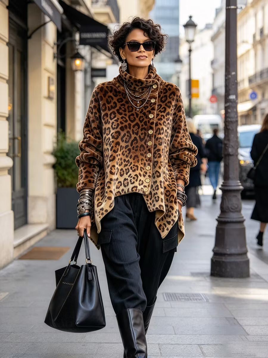 Lyrona - Camicetta a Maniche Lunghe Con Stampa Leopardata