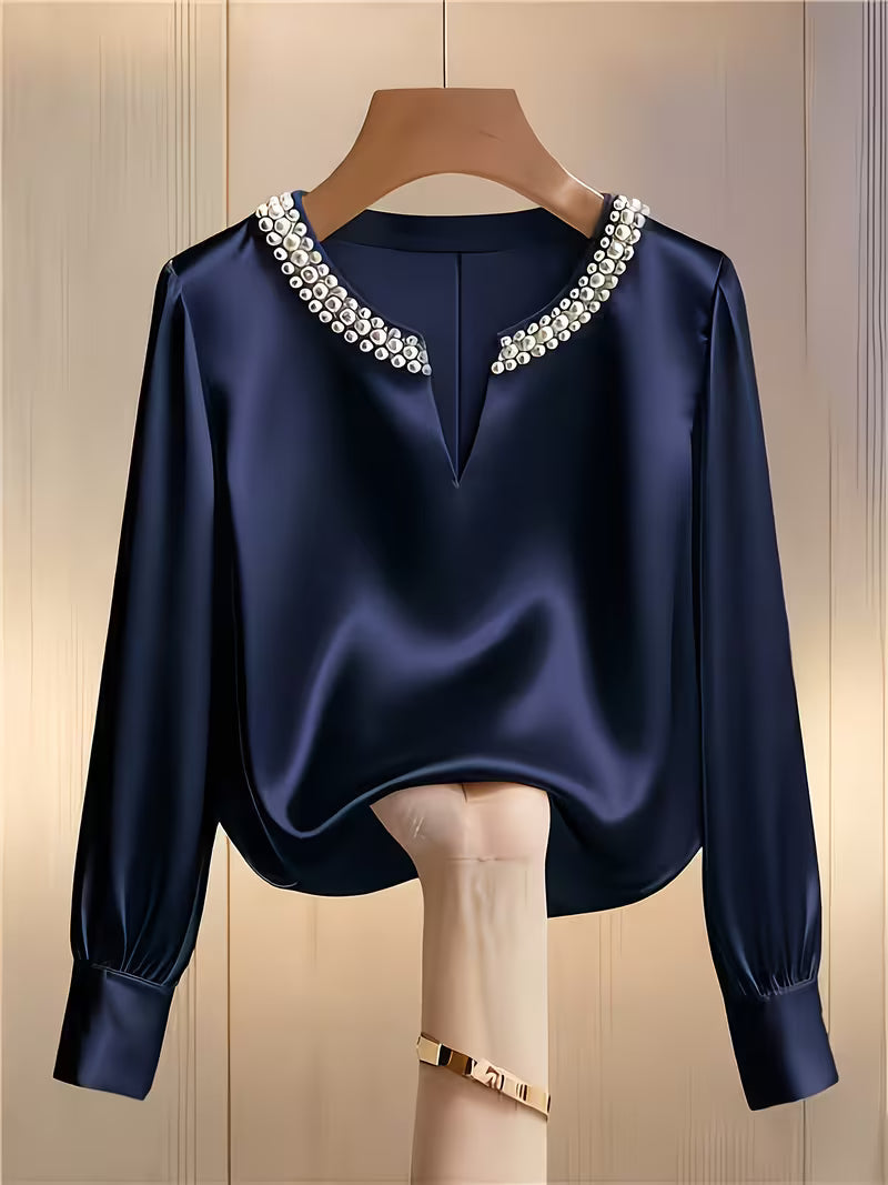 Avinaya - Elegante Camicia a Maniche Lunghe Con Collo Rotondo e Perle