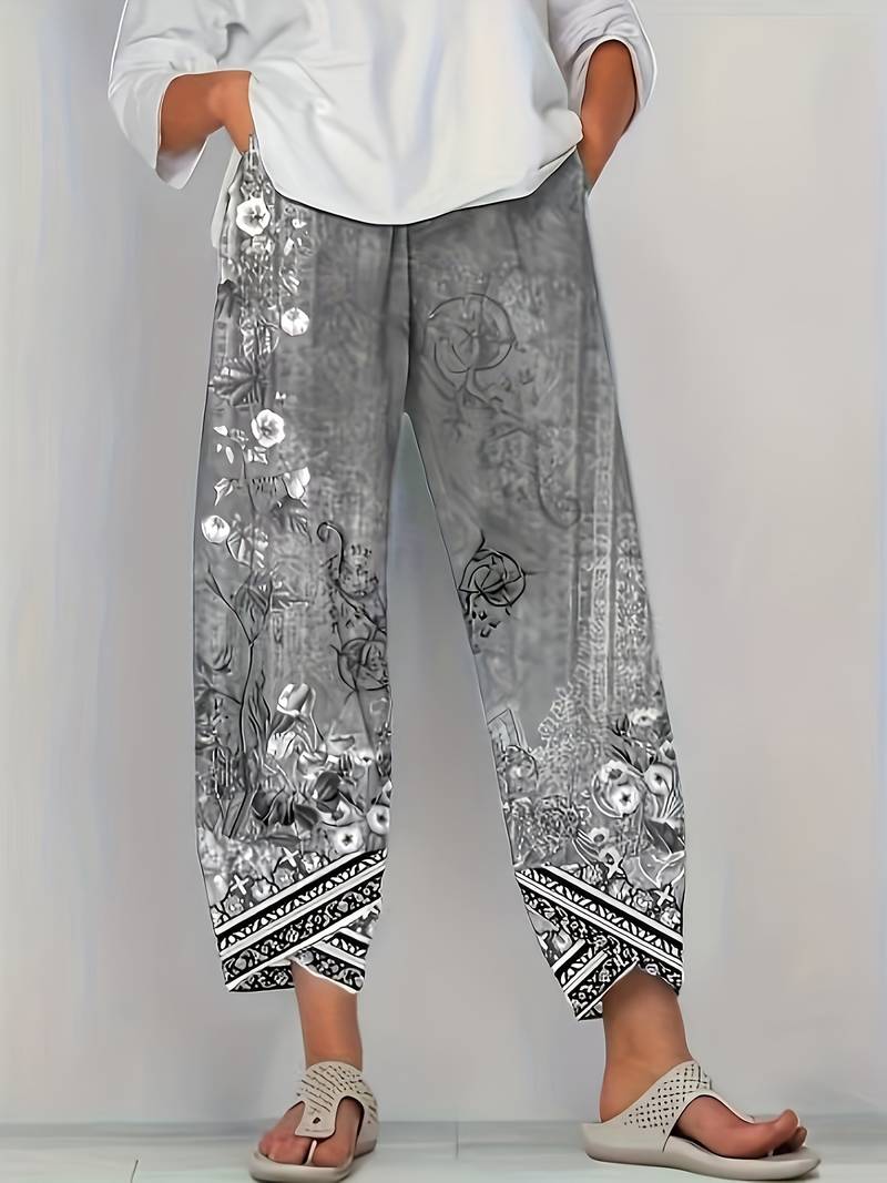 Thimasha - Pantaloni Capri Vintage a Fiori Con Elastico in Vita
