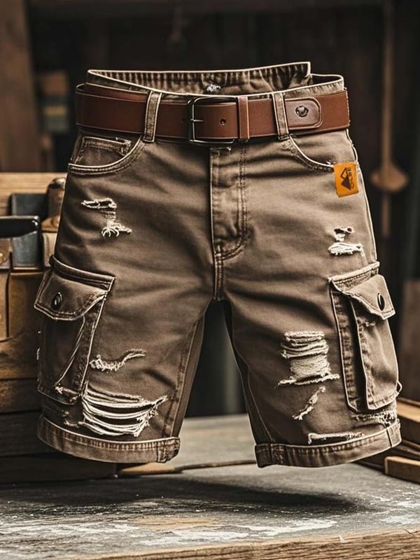 Pantaloncini funzionali vintage da uomo in denim strappato