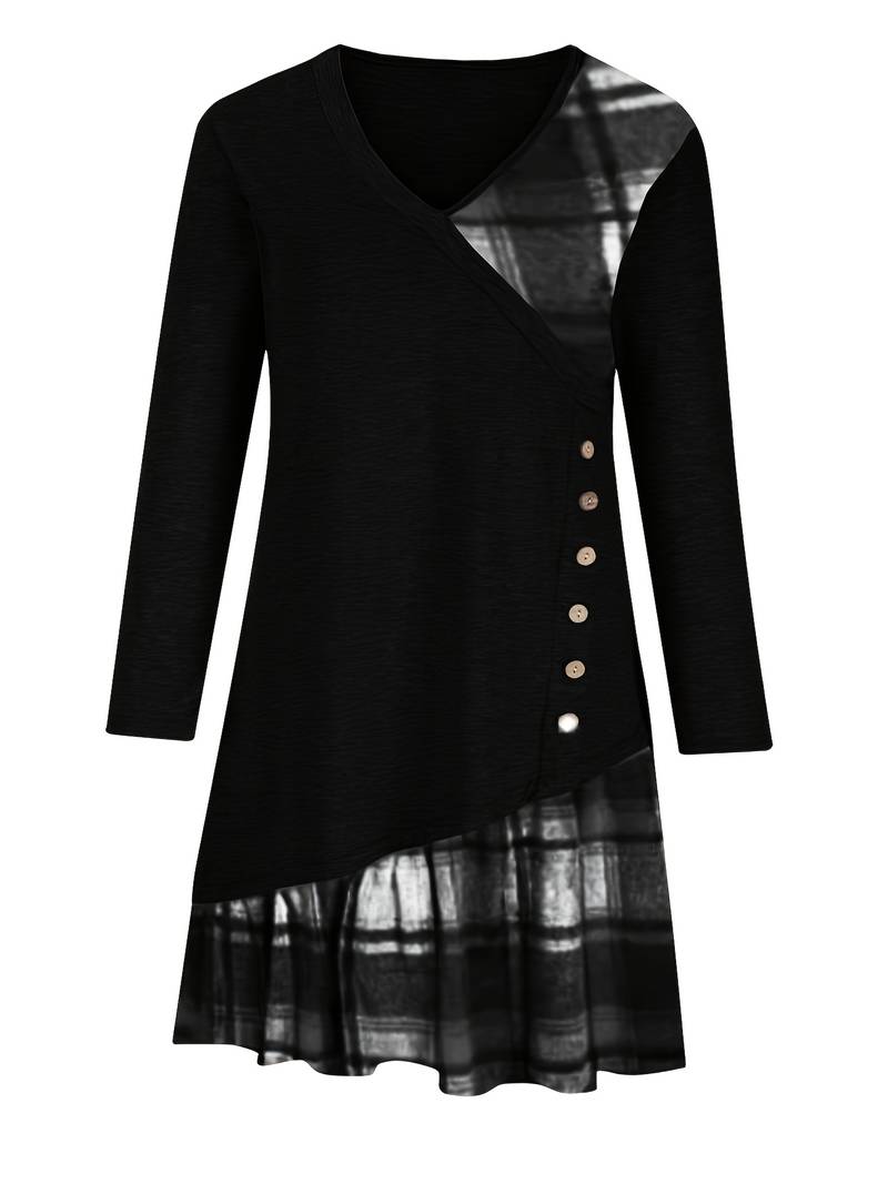 Alinor - Abito Casual a Maniche Lunghe Con Patchwork a Quadri