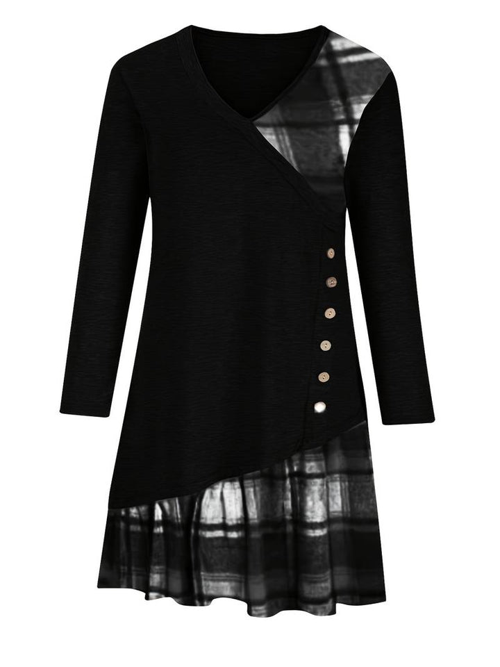 Alinor - Abito Casual a Maniche Lunghe Con Patchwork a Quadri