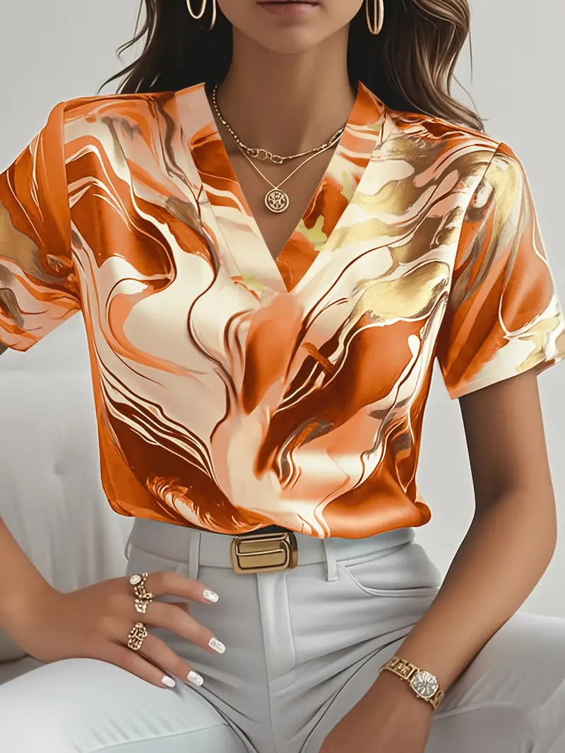 Maroula - Elegante Camicia A Maniche Corte Con Stampa Marmo