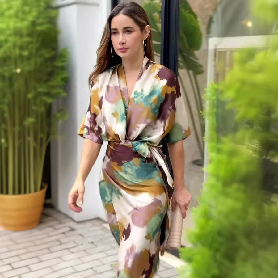 Natalja - Elegante Abito In Raso Con Stampa Astratta