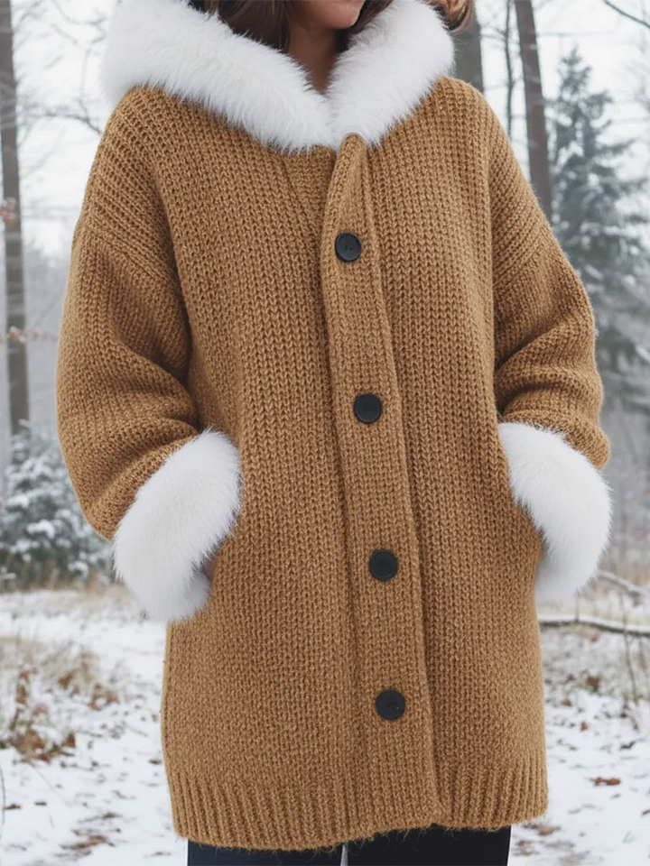 Nodia - Cappotto Con Cappuccio In Maglia Con Bordi In Pelliccia Sintetica